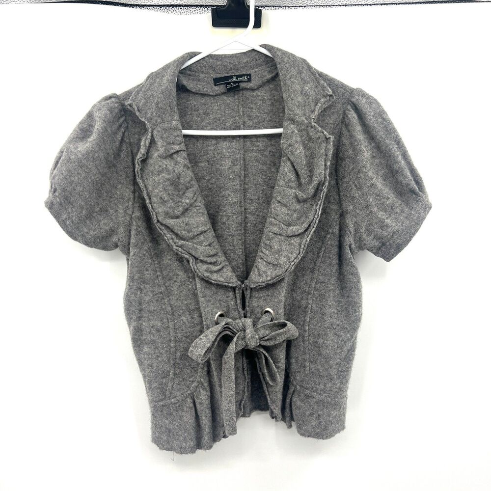 Willi Smith Gray Lambswool Ruffle Puff Sleeve Tie Front Cardigan Sweater M Y2K